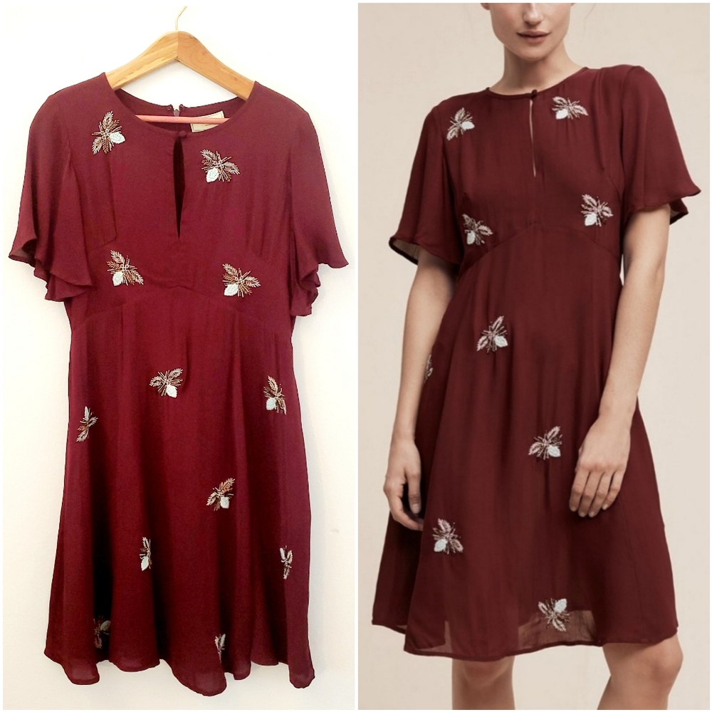 Anthropologie Burgundy Floral Embroidered Short-Sleeve Dress